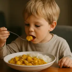 Mały chłopiec z blond włosami je widelcem pyszne curry dla niemowlaka z ryżem.