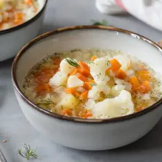 Gęsta zupa warzywna z mrożonki, pełna ziemniaków i marchewki, ozdobiona świeżym koperkiem. Idealna na chłodne dni.
