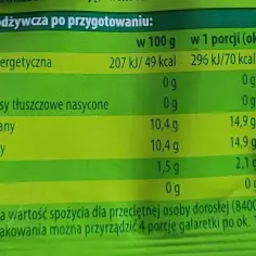 Tabela wartości odżywczych galaretki truskawkowej: 1 porcja (143g) ma 70 kcal. Sprawdź, ile kalorii ma galaretka truskawkowa.
