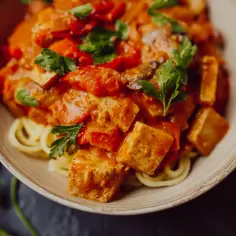 Tofu w sosie pomidorowym z makaronem, udekorowane natką pietruszki. Pyszne i zdrowe danie.