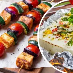 Szukasz pomysłu, co na grilla bez mięsa? Oto grillowane szaszłyki z halloumi, pomidorami, cukinią i cebulą oraz kawałek sera halloumi w folii z ziołami.
