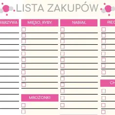 Uniwersalna lista zakupów z kategoriami: owoce, warzywa, mięso, ryby, nabiał, pieczywo, mrożonki i chemia. Idealna do planowania domowych zapasów.