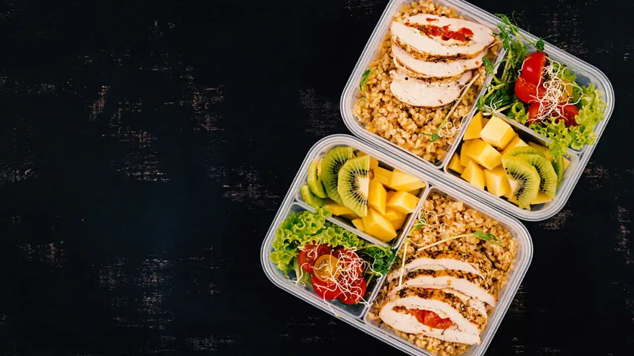 Dwa pudełka z jedzeniem: kurczak z kaszą, sałatka, kiwi i mango. Idealne na dietę przeciwzapalną catering.