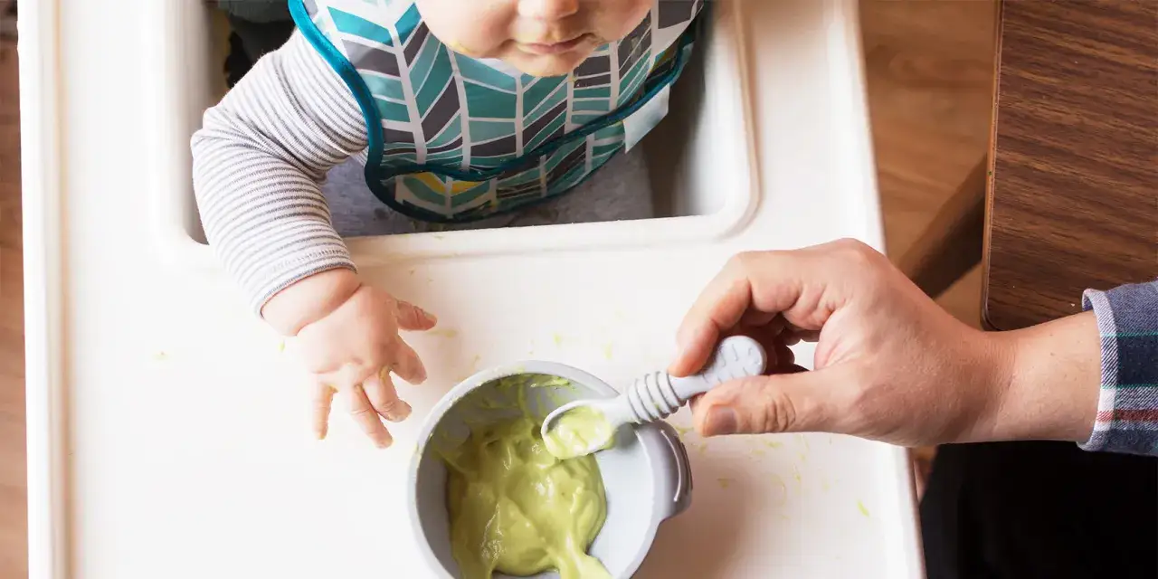 Maluch w śliniaczku je awokado. Rodzic podaje mu łyżeczkę z zielonym puree. Proste przepisy na awokado dla niemowlaka.