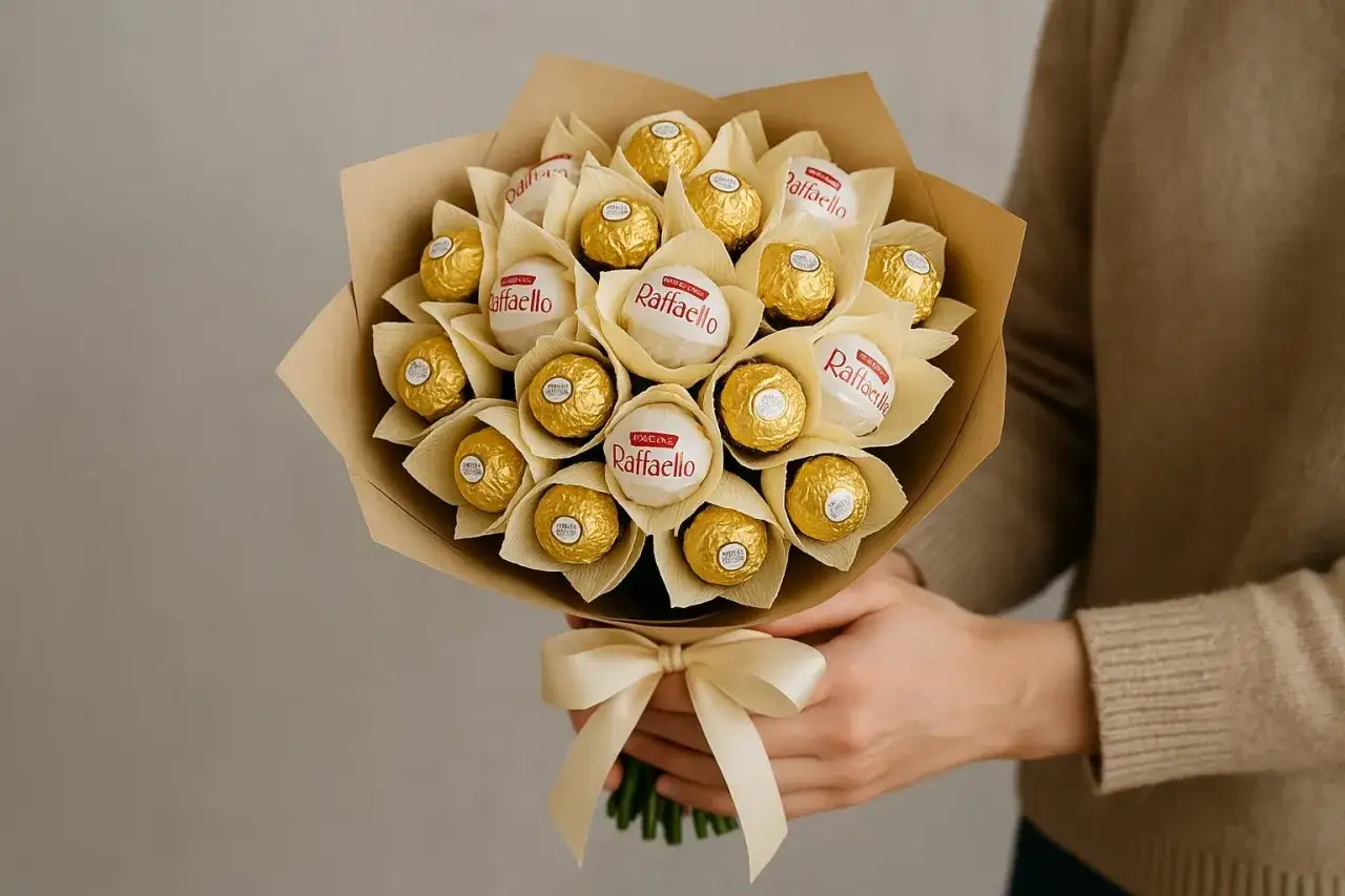 Jak zrobić bukiet z cukierków krok po kroku? Oto efektowna kompozycja z Raffaello i Ferrero Rocher, idealna na prezent.