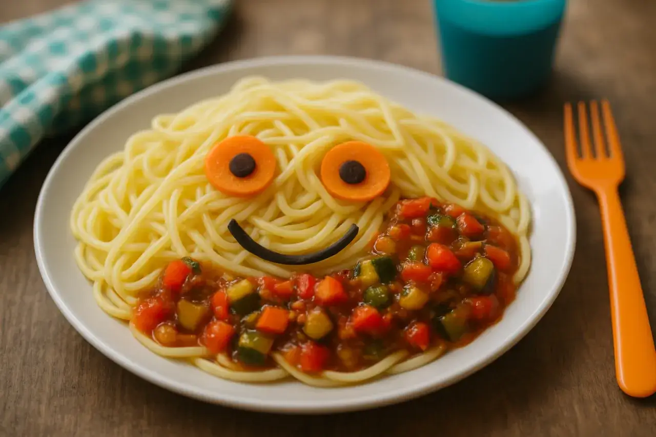 Uśmiechnięty makaron z sosem warzywnym dla dzieci. Urocza buźka z marchewki i oliwki na spaghetti.