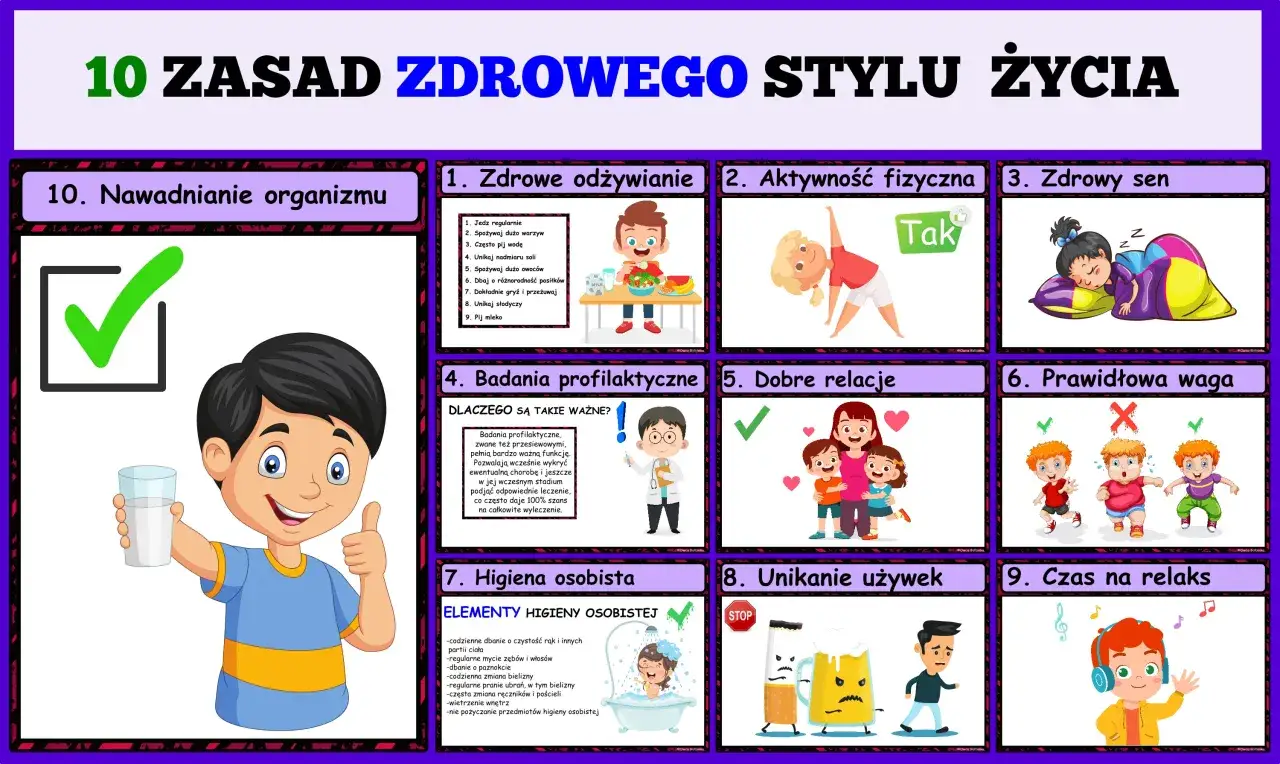 10 zasad zdrowego stylu życia: nawadnianie, zdrowe odżywianie, aktywność fizyczna, sen, badania, relacje, higiena, unikanie używek, waga i relaks.