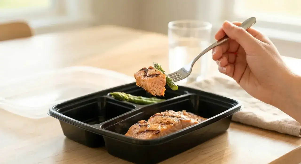 Pyszny łosoś z szparagami z cateringu dieta pudełkowa Wałbrzych. Zdrowy posiłek na wyciągnięcie ręki.