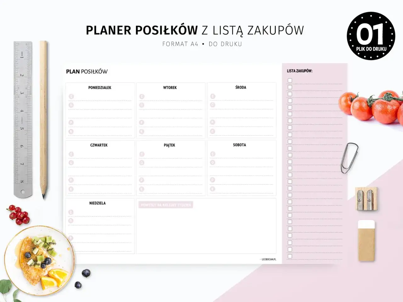 Planer posiłków z polami na każdy dzień tygodnia i uniwersalna lista zakupów obok.