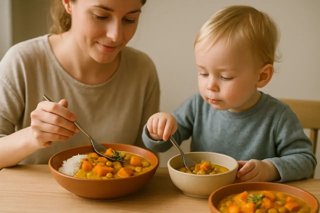 Mama i dziecko jedzą pyszne curry dla niemowlaka. Danie wygląda apetycznie, pełne warzyw i ryżu.