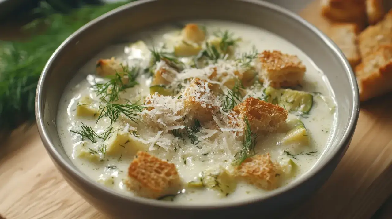 Kremowa zupa z cukinii z chrupiącymi grzankami, świeżym koperkiem i parmezanem. Idealne dodatki do zupy krem.