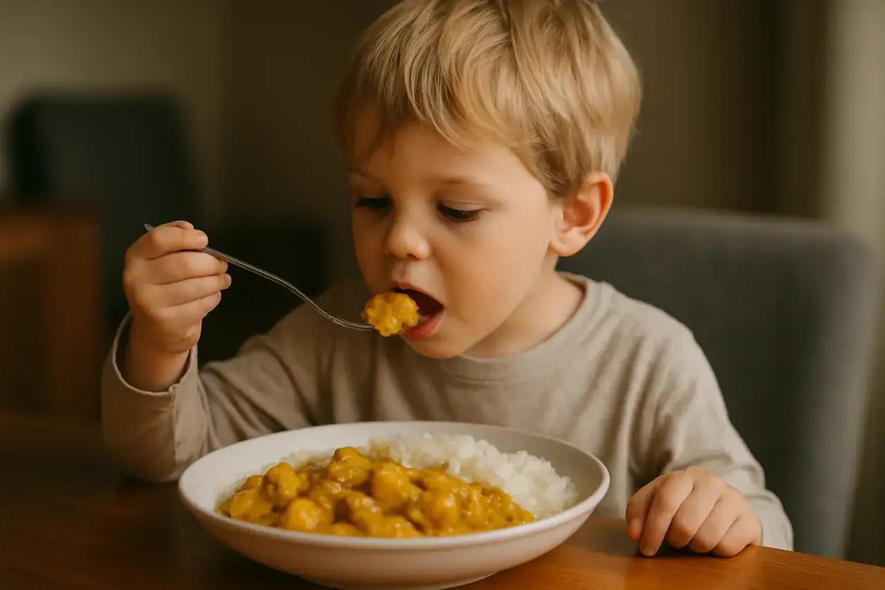 Mały chłopiec z blond włosami je widelcem curry dla niemowlaka z ryżem.