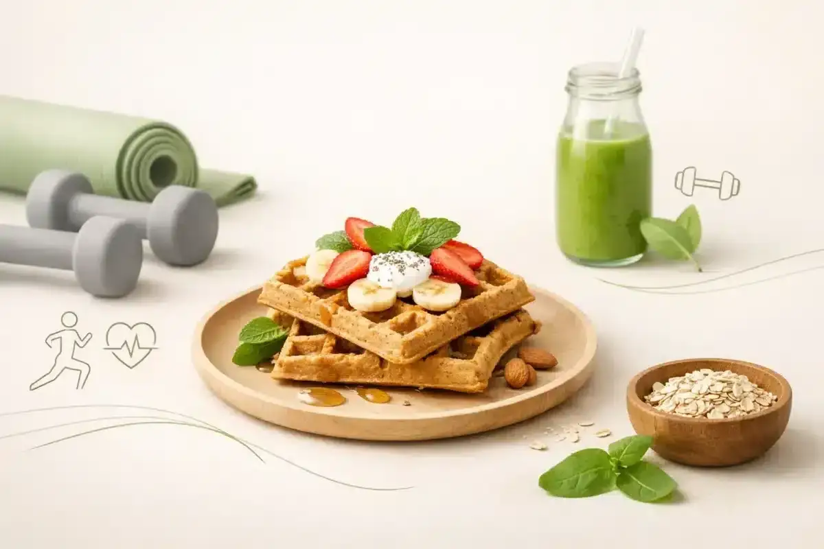 Zdrowe gofry dla dzieci z owocami i zielonym smoothie. Obok leżą hantle i mata do ćwiczeń, symbolizujące aktywny tryb życia.