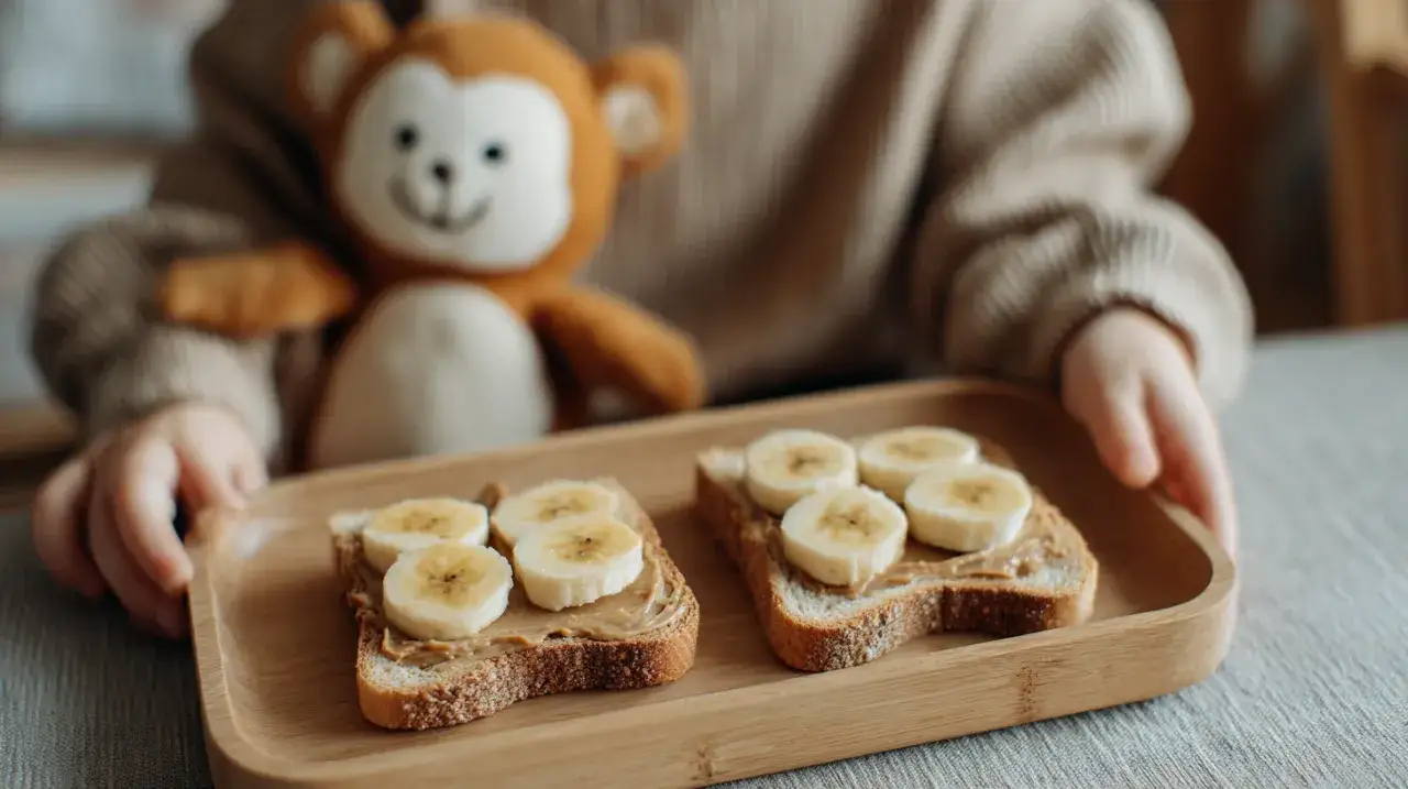 Dwie kromki chleba z masłem orzechowym i bananem na drewnianej tacy. Idealna propozycja, co na przekąskę dla niemowlaka.