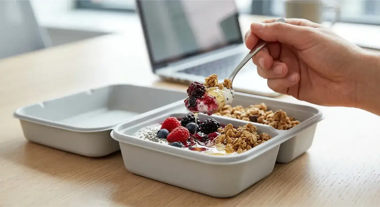 Zdrowa dieta pudełkowa Tarnowskie Góry: jogurt z owocami i granolą, idealny posiłek do pracy.